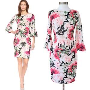 Calvin Klein Pink Floral Print Peplum Sleeve Sheath Dress Size 6 Work - Party